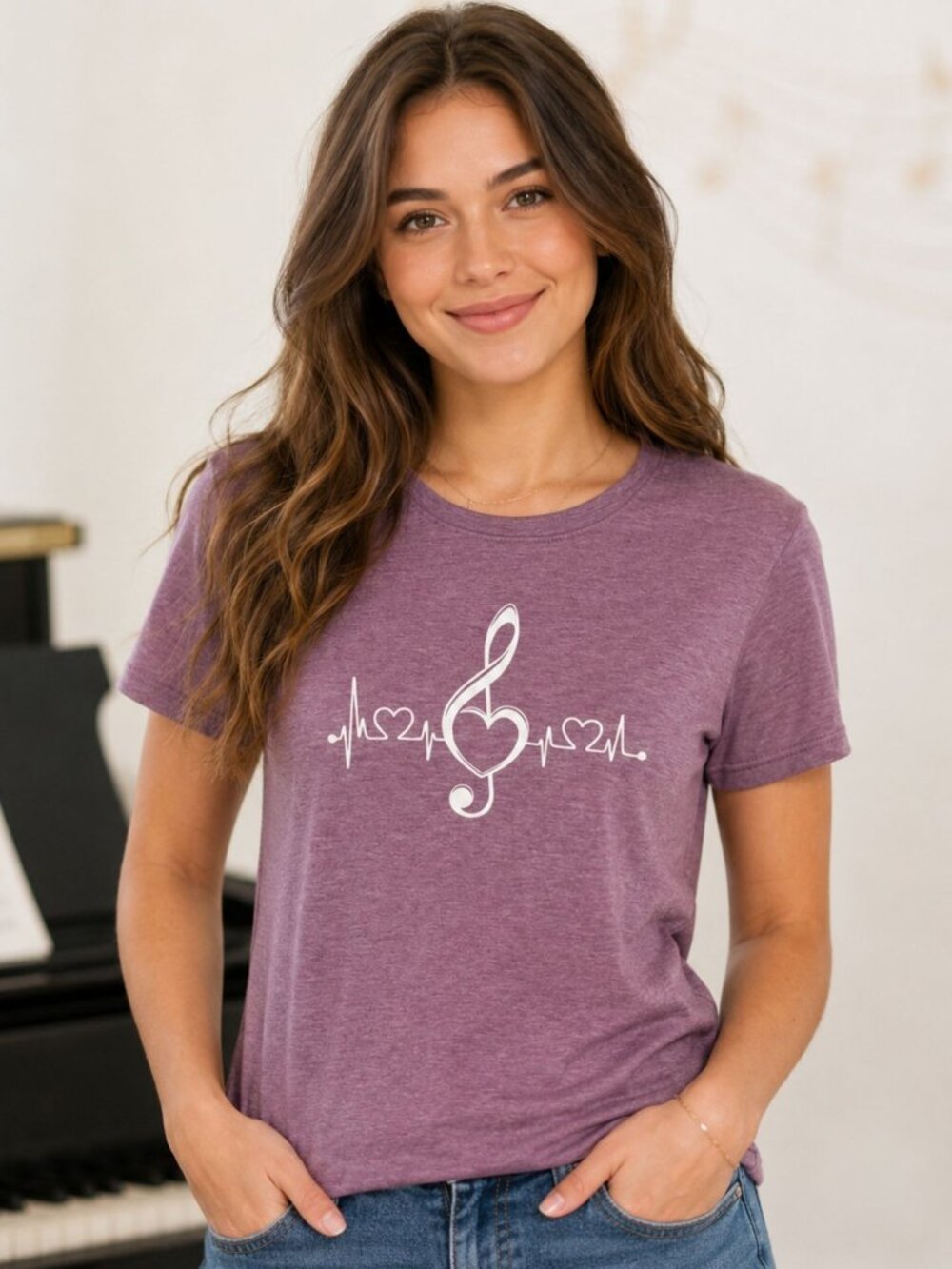 Music Heartbeat Tee Womens L Heathered Purple Treble Clef Heart Shirt
